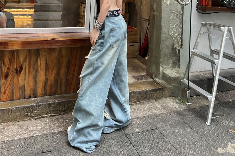 Spaghetti Strap V-Neck Plain Bodysuit Top / Mid Rise Washed Distressed Baggy Jeans