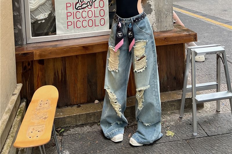 Spaghetti Strap V-Neck Plain Bodysuit Top / Mid Rise Washed Distressed Baggy Jeans