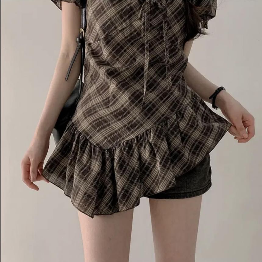 Short-Sleeve Square Neck Plaid Ruffle Trim Asymmetrical Top