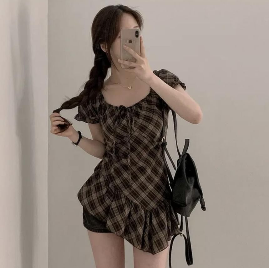Short-Sleeve Square Neck Plaid Ruffle Trim Asymmetrical Top