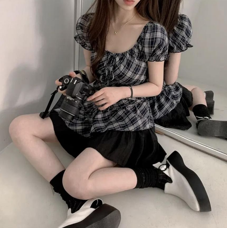 Short-Sleeve Square Neck Plaid Ruffle Trim Asymmetrical Top