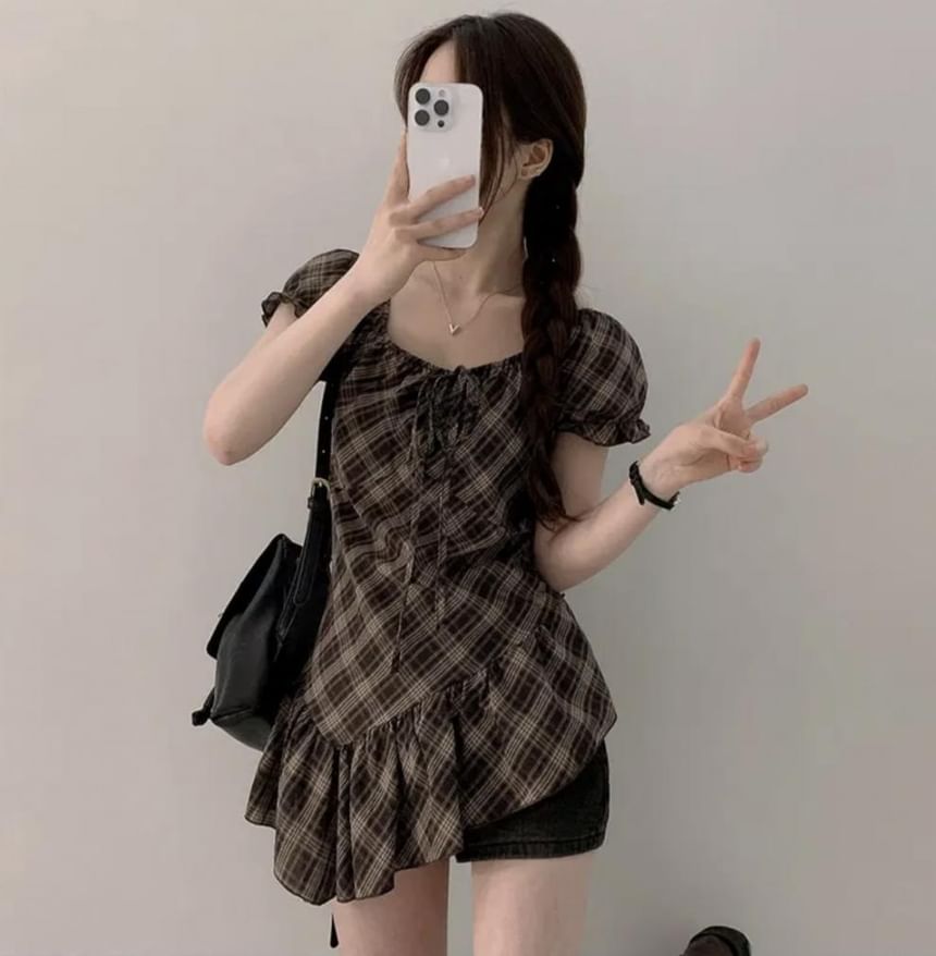 Short-Sleeve Square Neck Plaid Ruffle Trim Asymmetrical Top