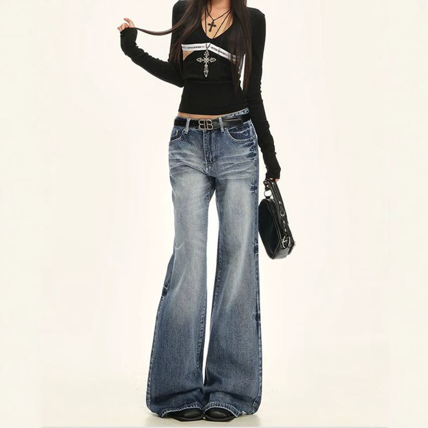 Low Rise Washed Flared Jeans