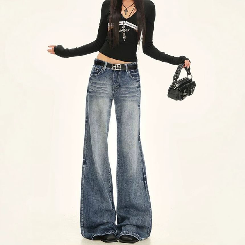 Low Rise Washed Flared Jeans