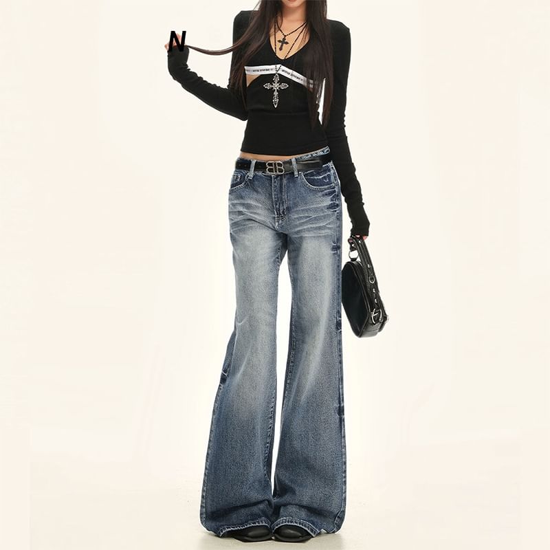 Low Rise Washed Flared Jeans