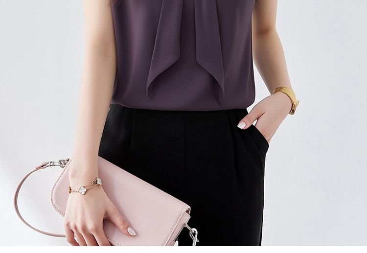Short-Sleeve Tie-Neck Plain Blouse