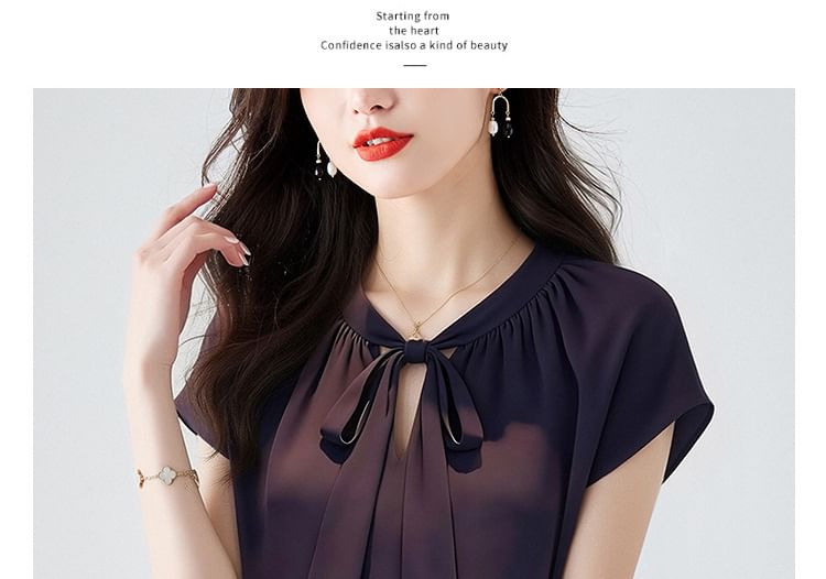 Short-Sleeve Tie-Neck Plain Blouse