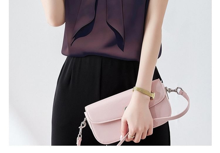 Short-Sleeve Tie-Neck Plain Blouse