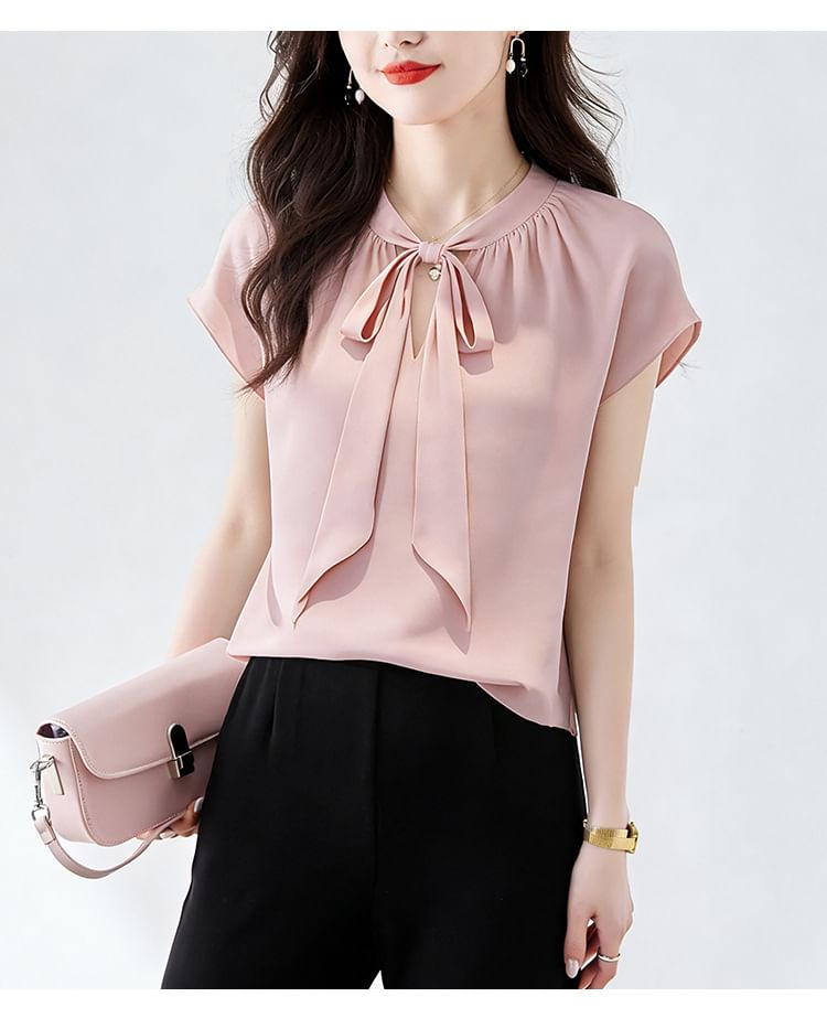 Short-Sleeve Tie-Neck Plain Blouse