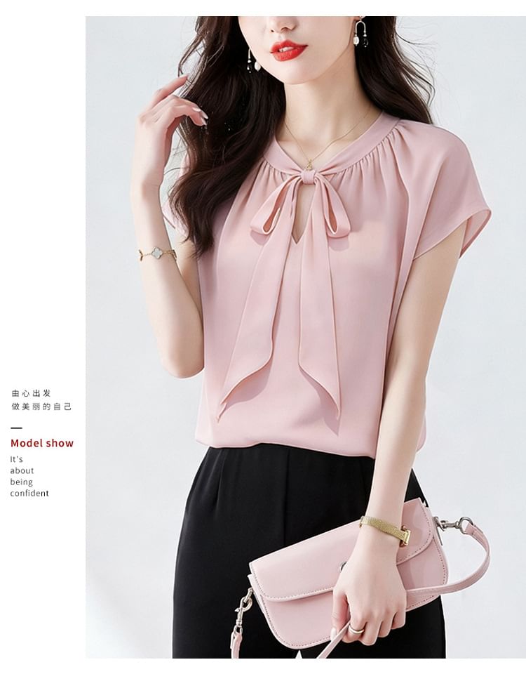 Short-Sleeve Tie-Neck Plain Blouse