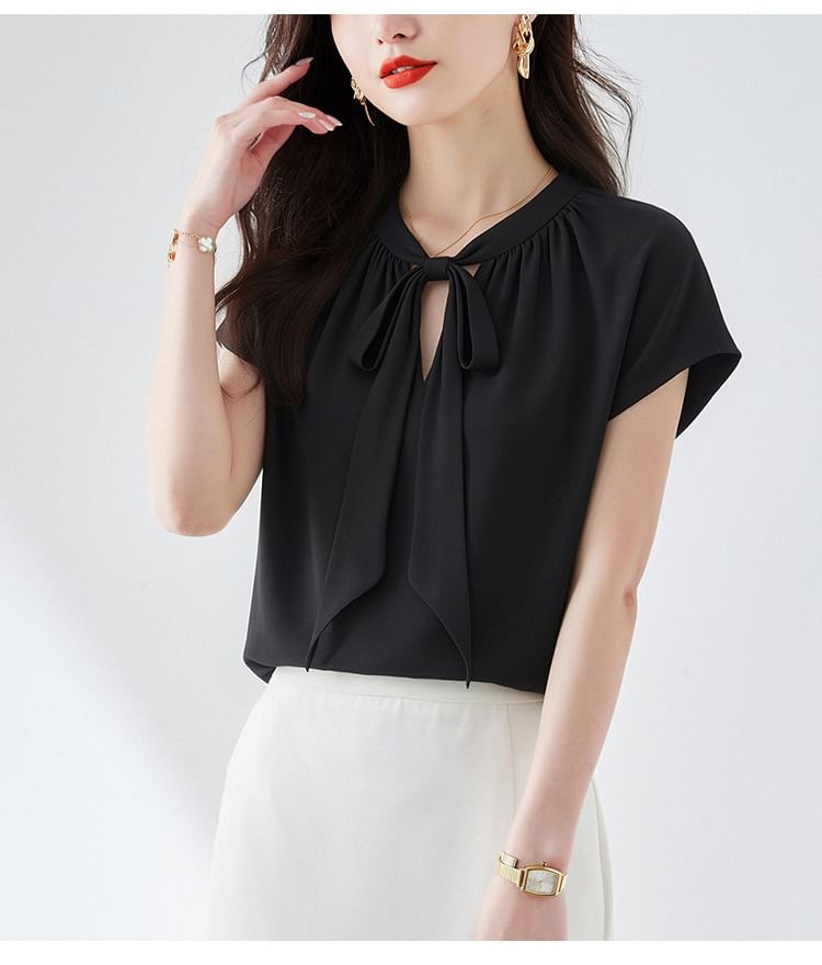 Short-Sleeve Tie-Neck Plain Blouse