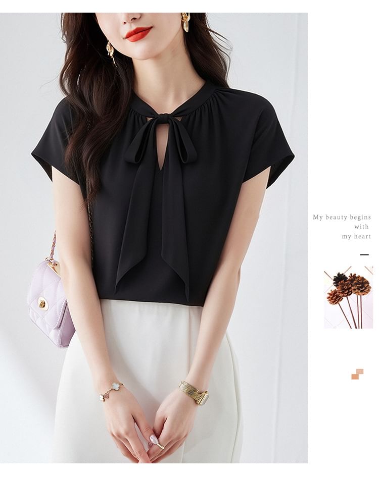Short-Sleeve Tie-Neck Plain Blouse