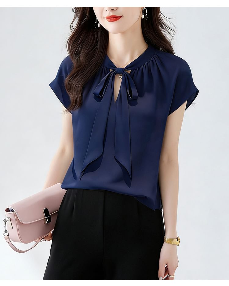 Short-Sleeve Tie-Neck Plain Blouse
