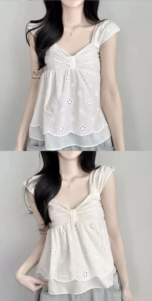 Cap-Sleeve V-Neck Perforated Flowy Crop Top