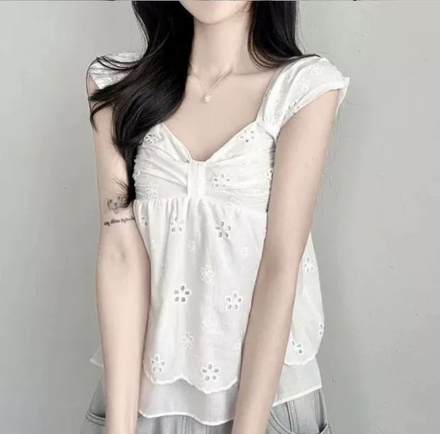 Cap-Sleeve V-Neck Perforated Flowy Crop Top