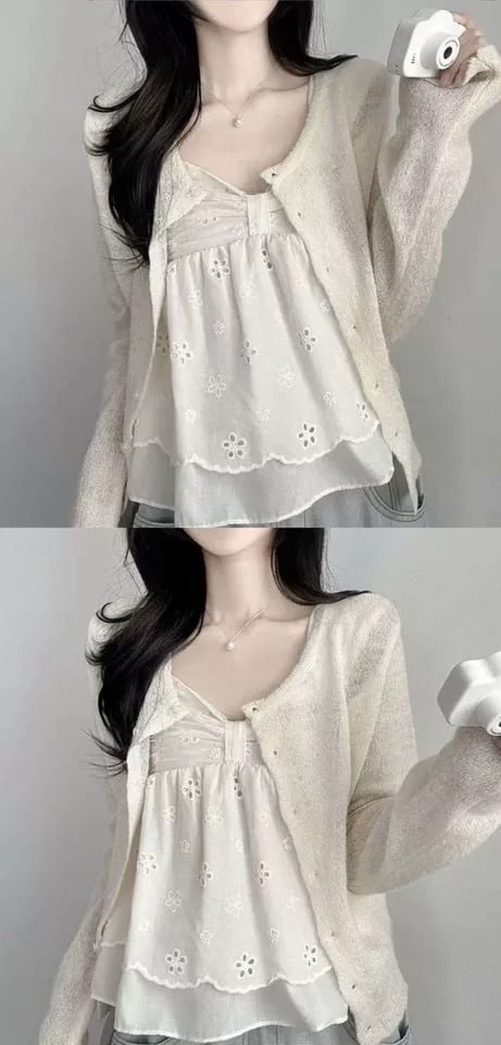 Cap-Sleeve V-Neck Perforated Flowy Crop Top