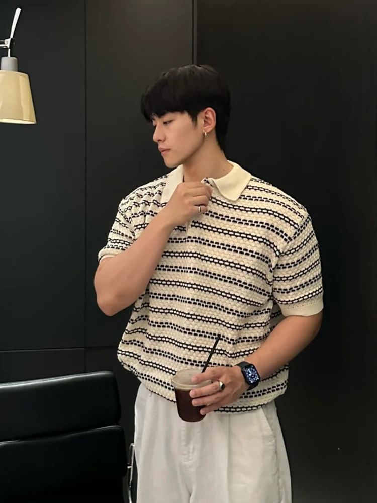 Short-Sleeve Striped Knit Polo Shirt