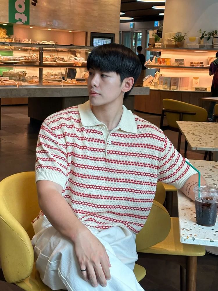 Short-Sleeve Striped Knit Polo Shirt