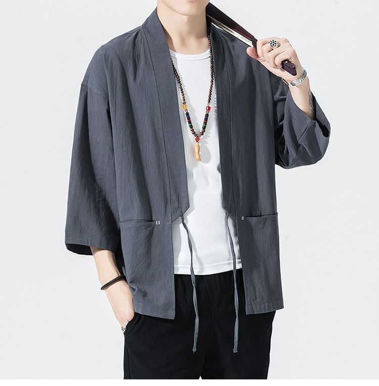 3/4 Sleeve Contrast Stitch Tie Front Hanfu Jacket