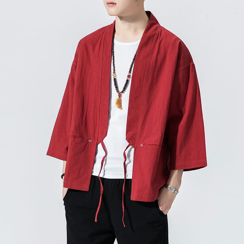 3/4 Sleeve Contrast Stitch Tie Front Hanfu Jacket