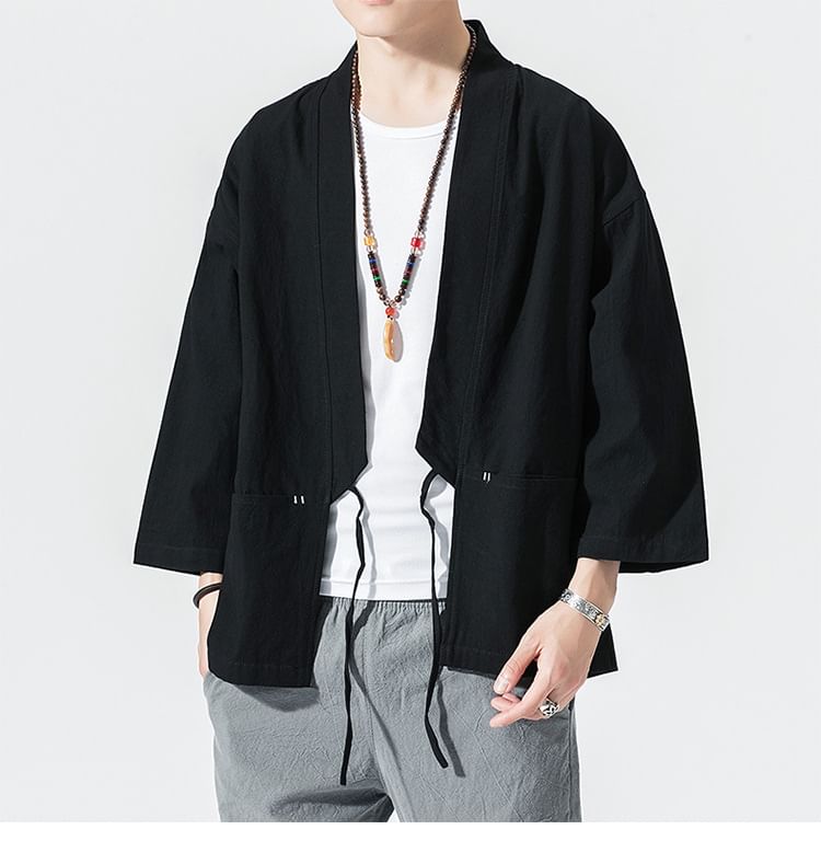 3/4 Sleeve Contrast Stitch Tie Front Hanfu Jacket