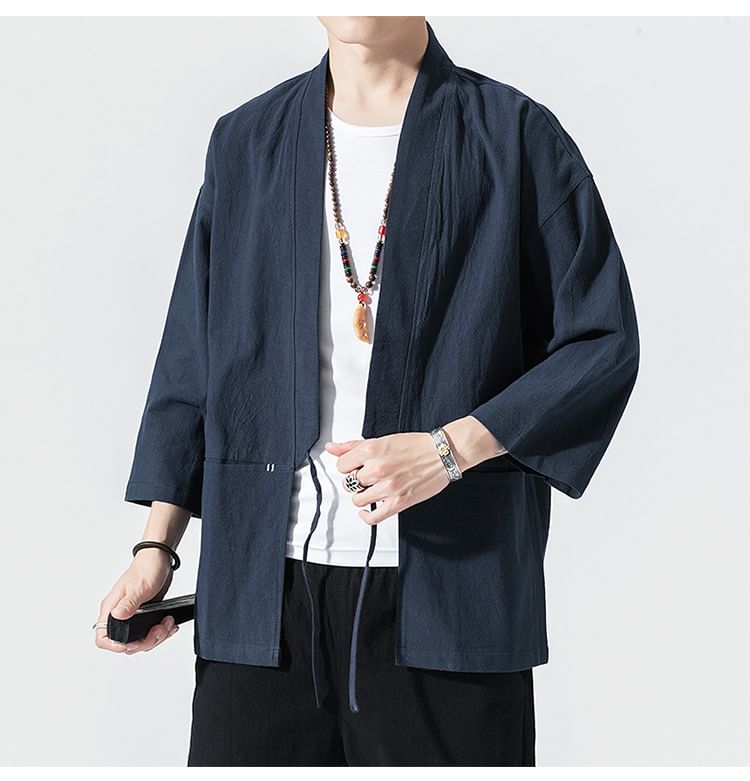 3/4 Sleeve Contrast Stitch Tie Front Hanfu Jacket