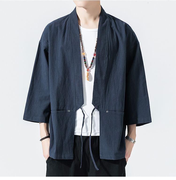 3/4 Sleeve Contrast Stitch Tie Front Hanfu Jacket