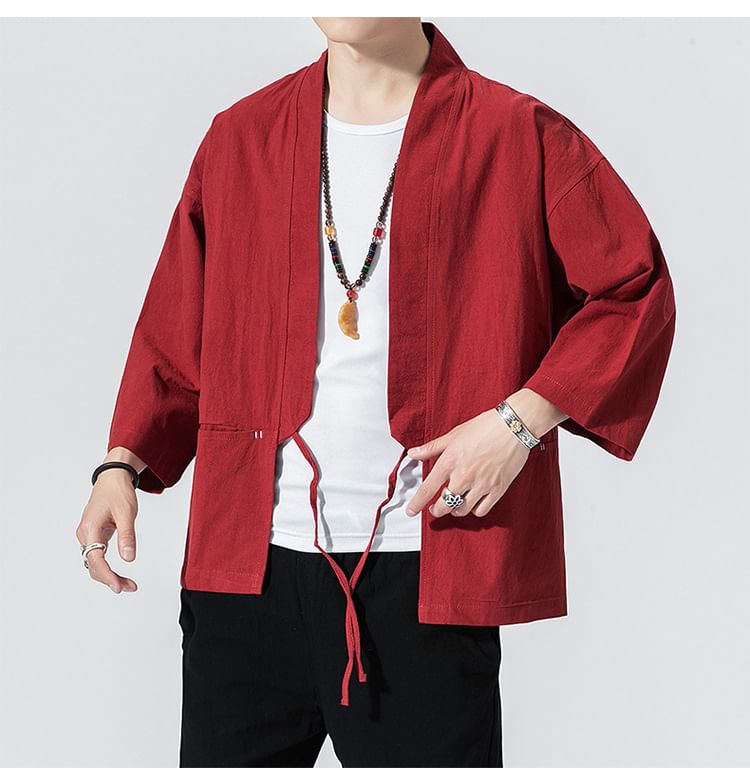 3/4 Sleeve Contrast Stitch Tie Front Hanfu Jacket