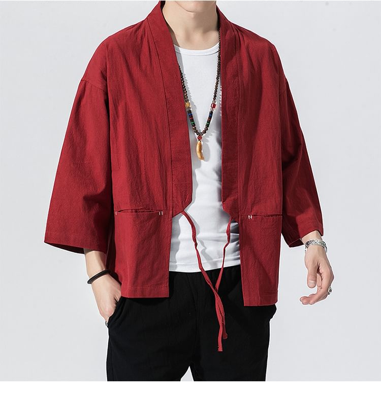 3/4 Sleeve Contrast Stitch Tie Front Hanfu Jacket