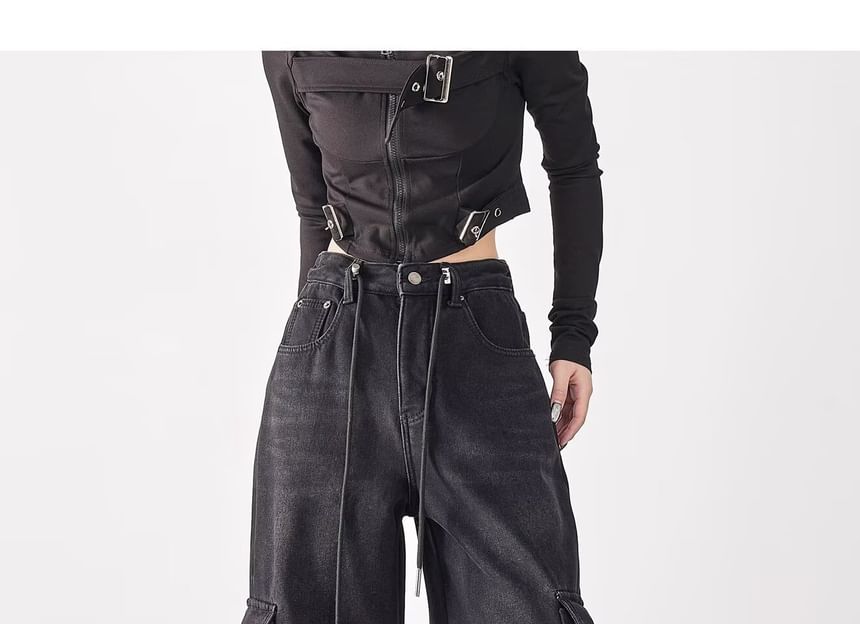Mid Rise Washed Baggy Cargo Jeans