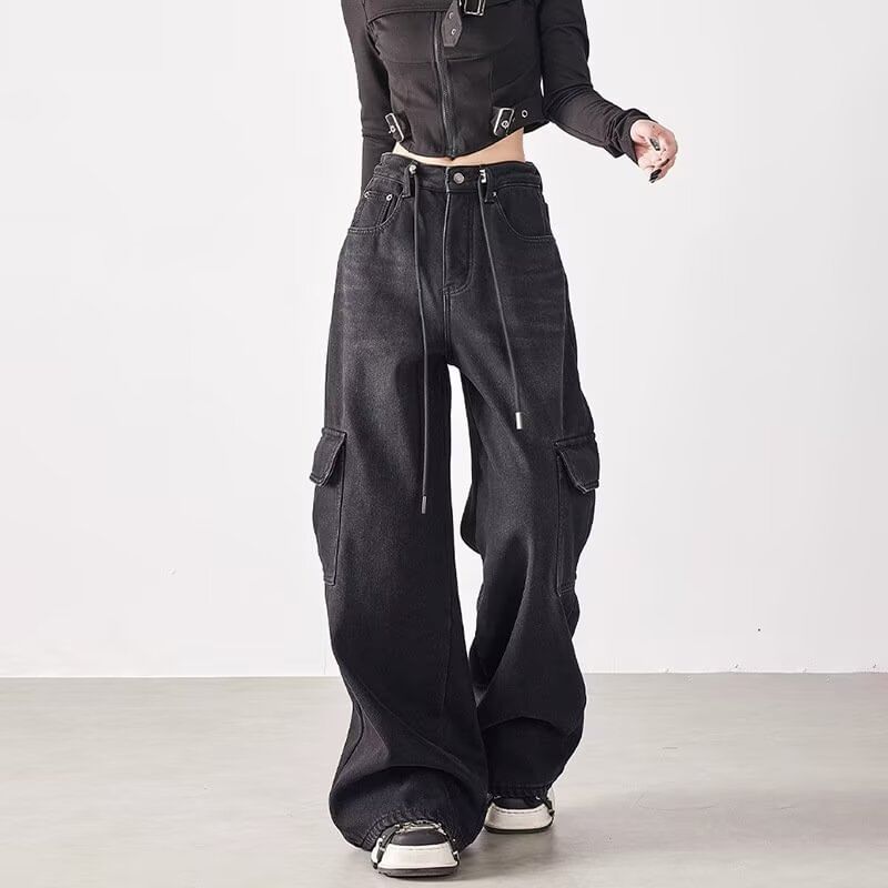 Mid Rise Washed Baggy Cargo Jeans