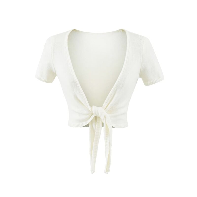 Short-Sleeve V-Neck Plain Tie Waist Crop Top