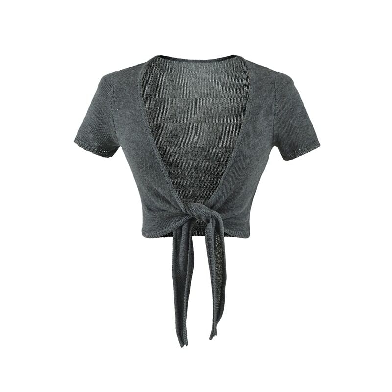Short-Sleeve V-Neck Plain Tie Waist Crop Top