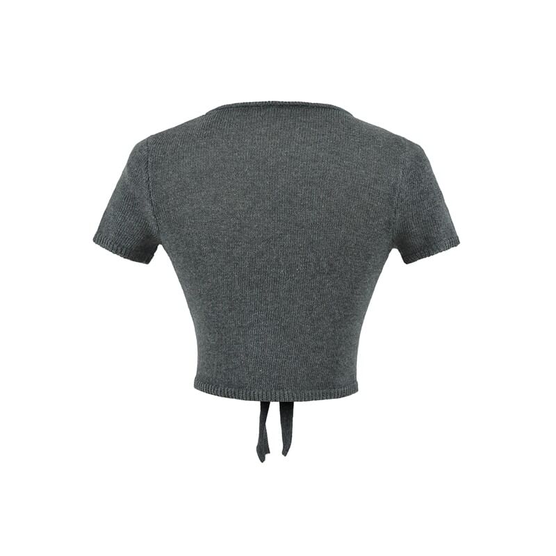 Short-Sleeve V-Neck Plain Tie Waist Crop Top
