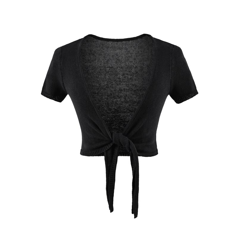 Short-Sleeve V-Neck Plain Tie Waist Crop Top