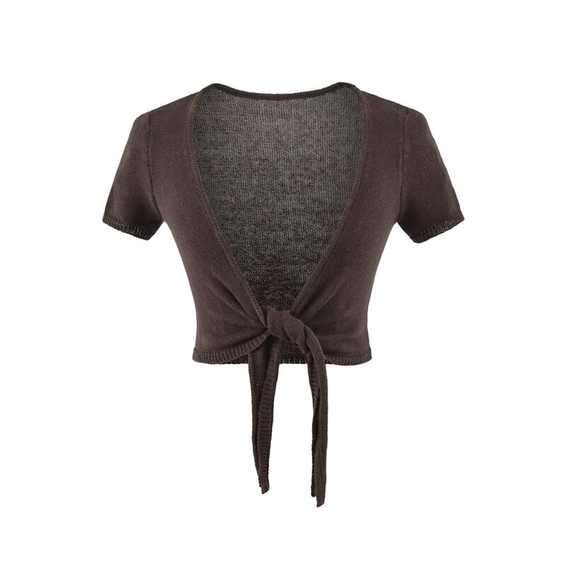 Short-Sleeve V-Neck Plain Tie Waist Crop Top