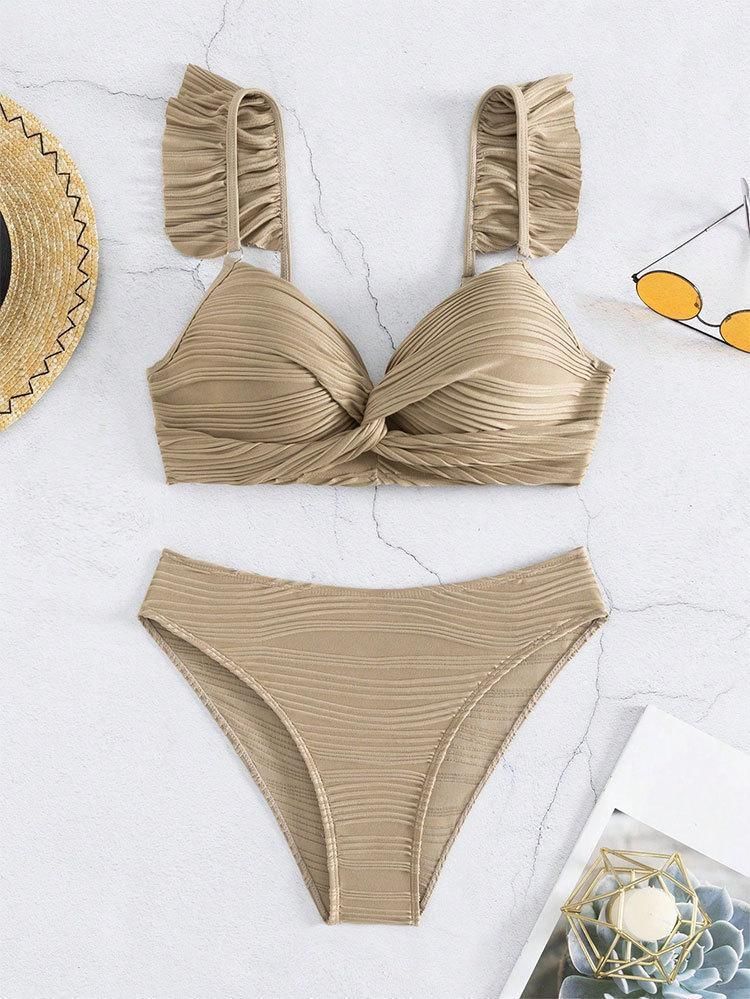Set: Frill Trim Plain Bikini Top + Bottom