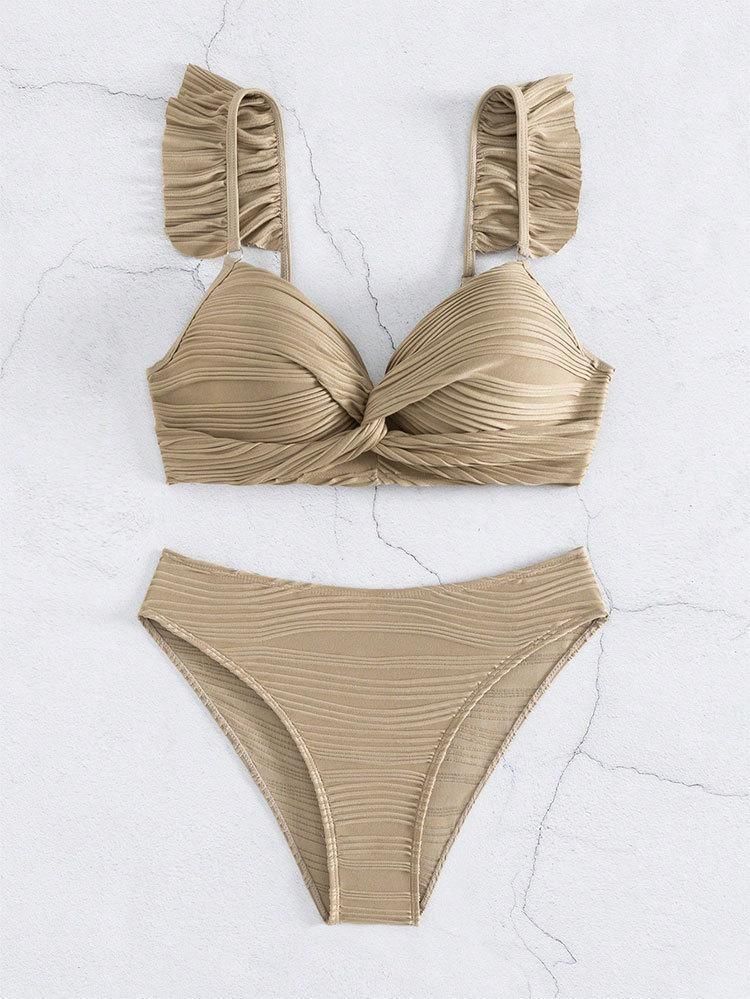 Set: Frill Trim Plain Bikini Top + Bottom
