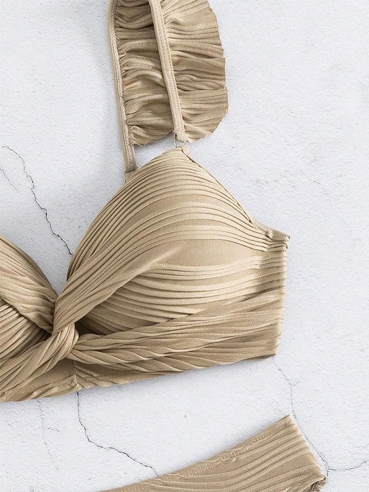 Set: Frill Trim Plain Bikini Top + Bottom