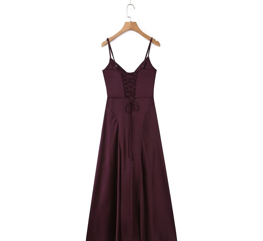 Sweetheart Neck Spaghetti Strap Plain Satin Maxi Dress