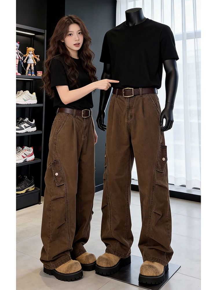 Mid Rise Plain Wide Leg Cargo Jeans
