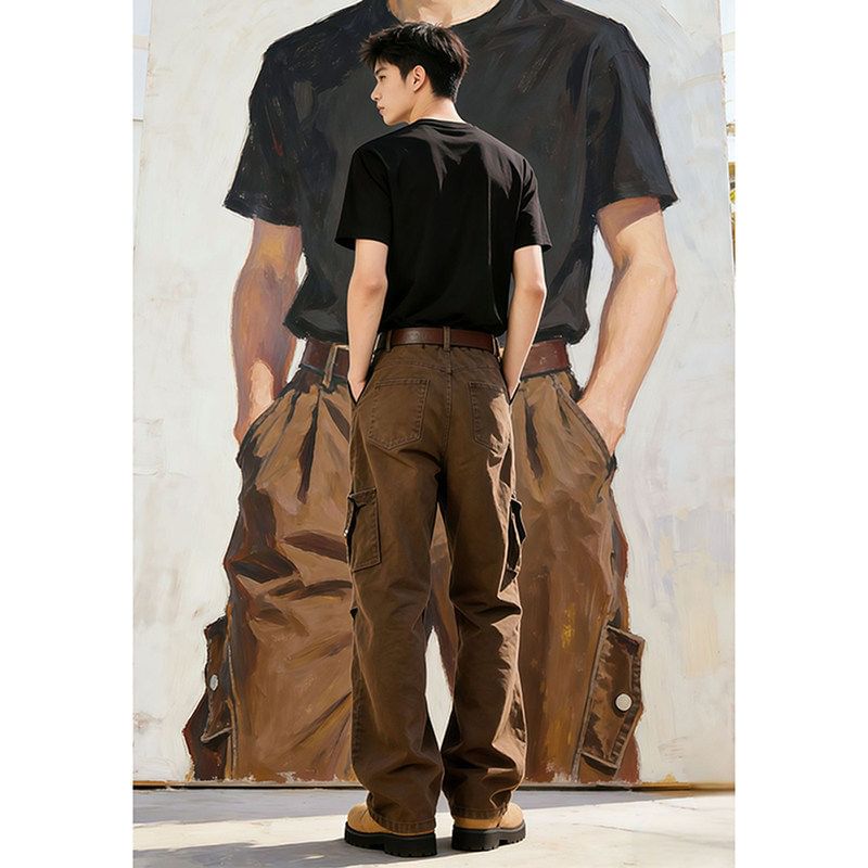 Mid Rise Plain Wide Leg Cargo Jeans