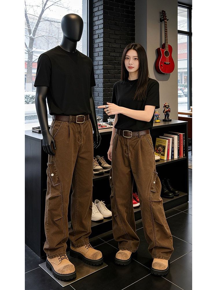 Mid Rise Plain Wide Leg Cargo Jeans
