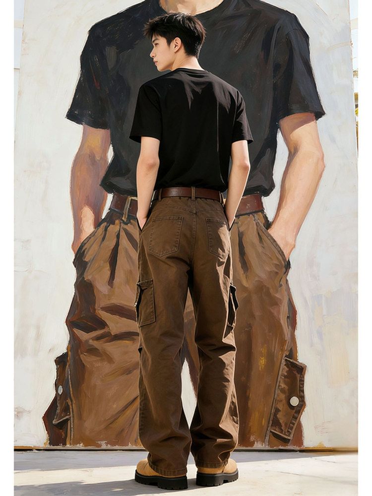 Mid Rise Plain Wide Leg Cargo Jeans