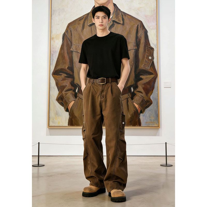 Mid Rise Plain Wide Leg Cargo Jeans