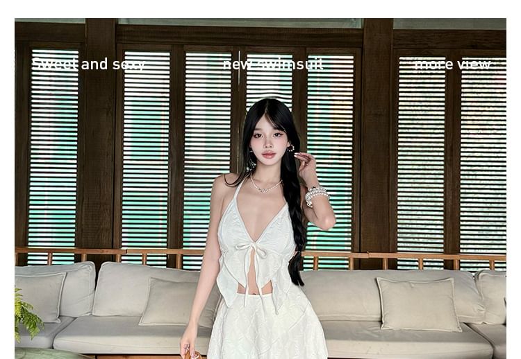 Set: Halter Argyle Asymmetrical Tankini Top + Swim Skirt + Bikini Bottom