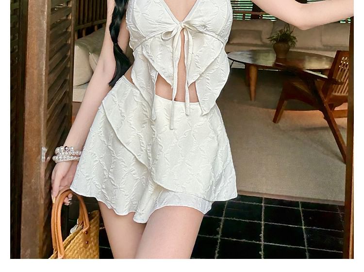 Set: Halter Argyle Asymmetrical Tankini Top + Swim Skirt + Bikini Bottom