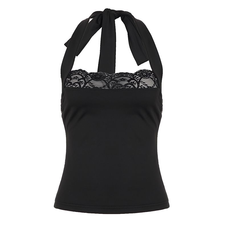 Halter Neck Lace Panel Plain Slim-Fit Crop Tank Top