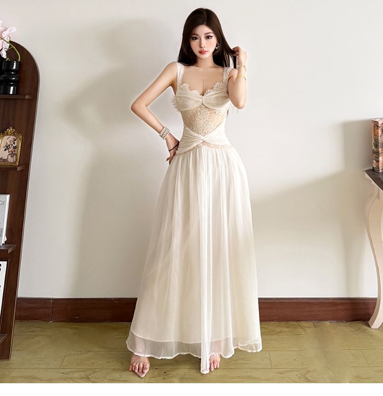 Sleeveless V-Neck Lace Maxi A-Line Dress