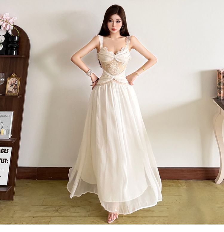 Sleeveless V-Neck Lace Maxi A-Line Dress